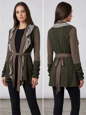 Rinascimento Italian Mixed-Media Ruffle Waterfall Duster Cardigan S Olive Grey